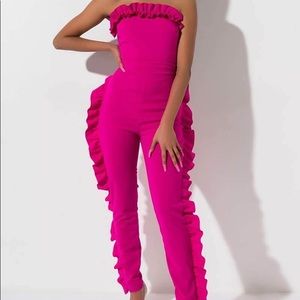 Fitted Pink Side Ruffles Jumpsuit